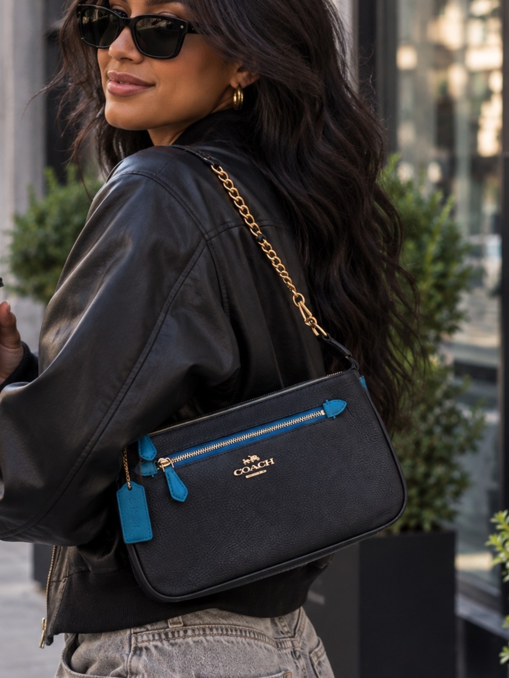 Coach Nolita 24 Navy Peacock Colorblock Pebbled Leather Chain Bag NWOT